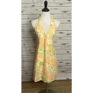 Vintage Lilly Pulitzer yellow floral preppy cotton halter dress Size 4